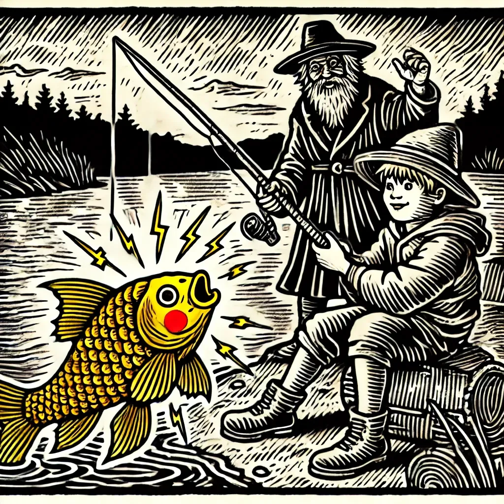 Woodcut style image of old man watching young boy catch a fish coloured like a pokemon