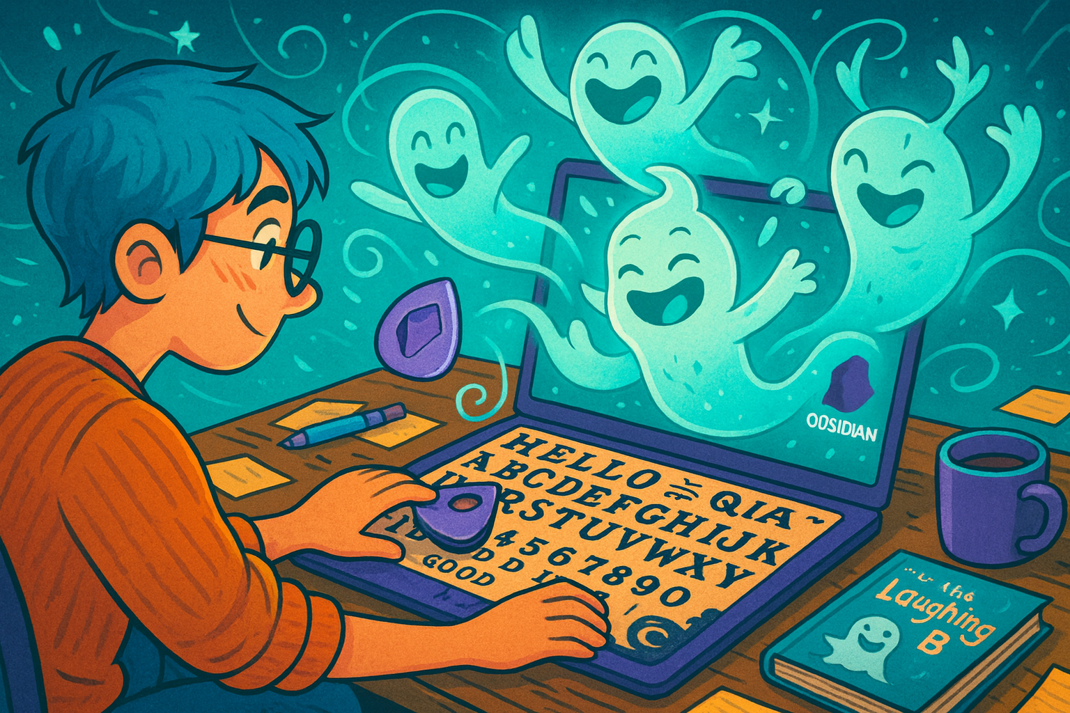 Cartoon of Caspar sitting at laptop with a ouija keyboard. friendly ghosts emerge from the screen.