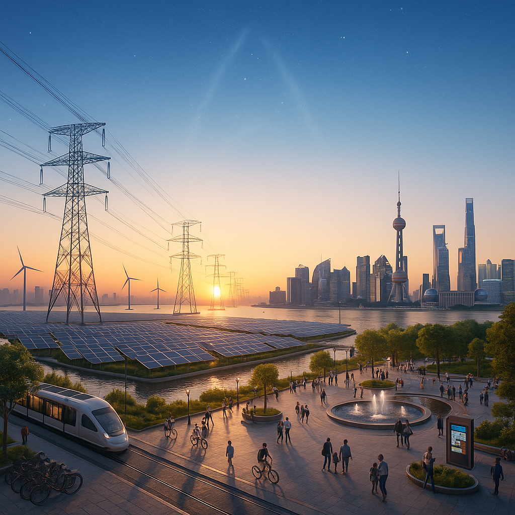 Photoreal sunrise over Shanghai’s skyline with solar rafts, wind turbines and HVDC lines; people gather in a car-free riverside plaza—quiet abundance without advertising or fares