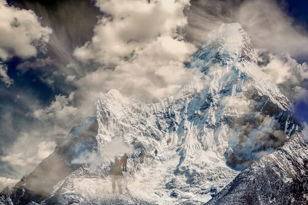 A manipulated image of climbers making final assent of a large snow covered mounta